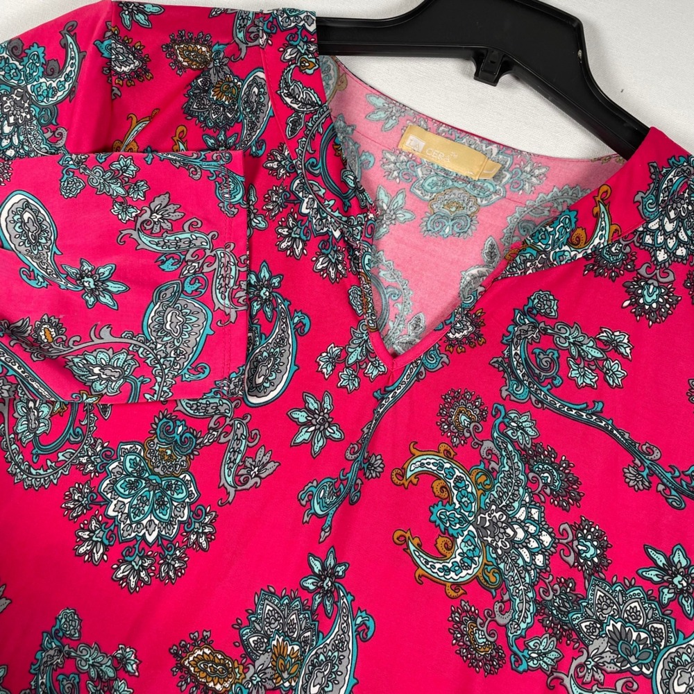 La Cera Paisley Print Midi Dress V-Neck 3/4 Sleeve‎ Casual Pink L